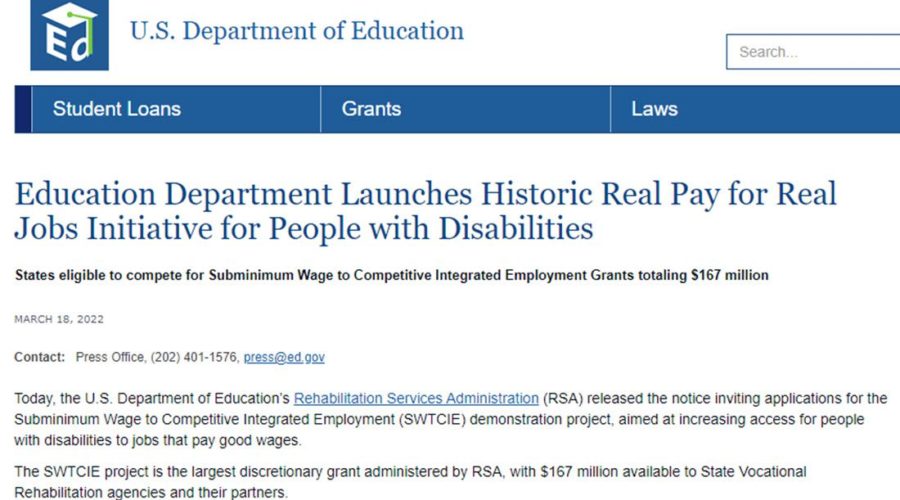 U.S. Dept. of Ed. Announces Initiative to Stop Practice of Paying Less than Minimum Wage to Individuals who have Disabilities