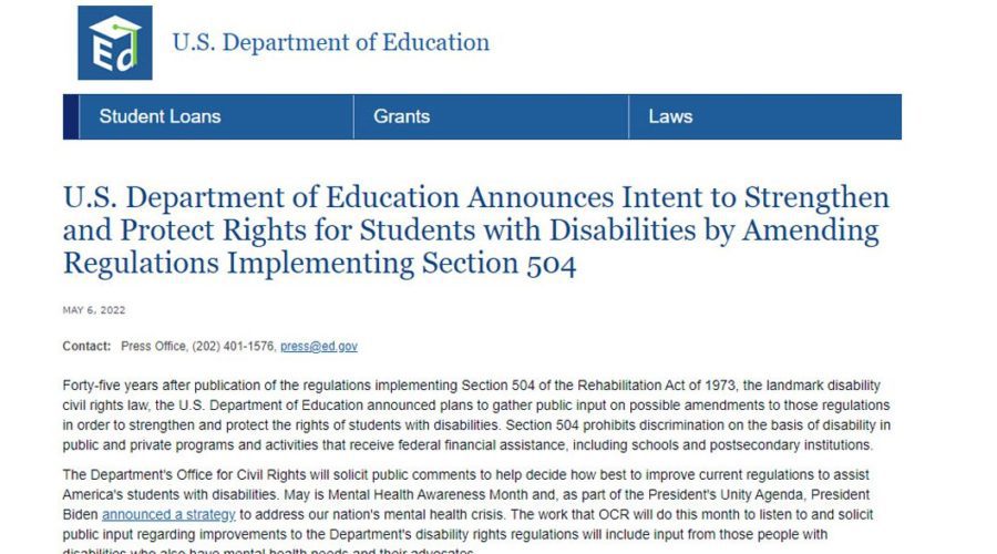 U.S. Department of Education Announces Intent to Amend Regulations Implementing Section 504, Requests Public Input